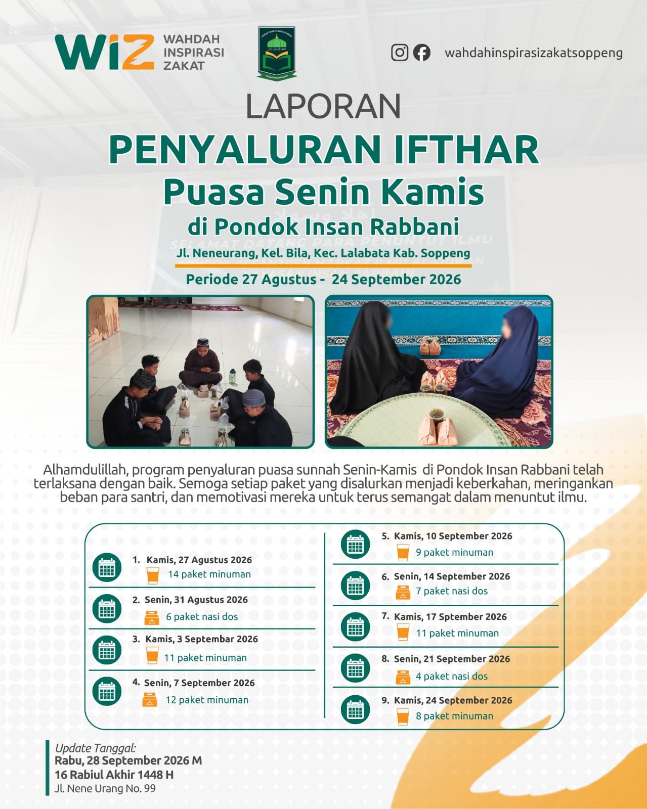 Penyaluran ifthar puasa Senin Kamis untuk santri Pondok Insan Rabbani
