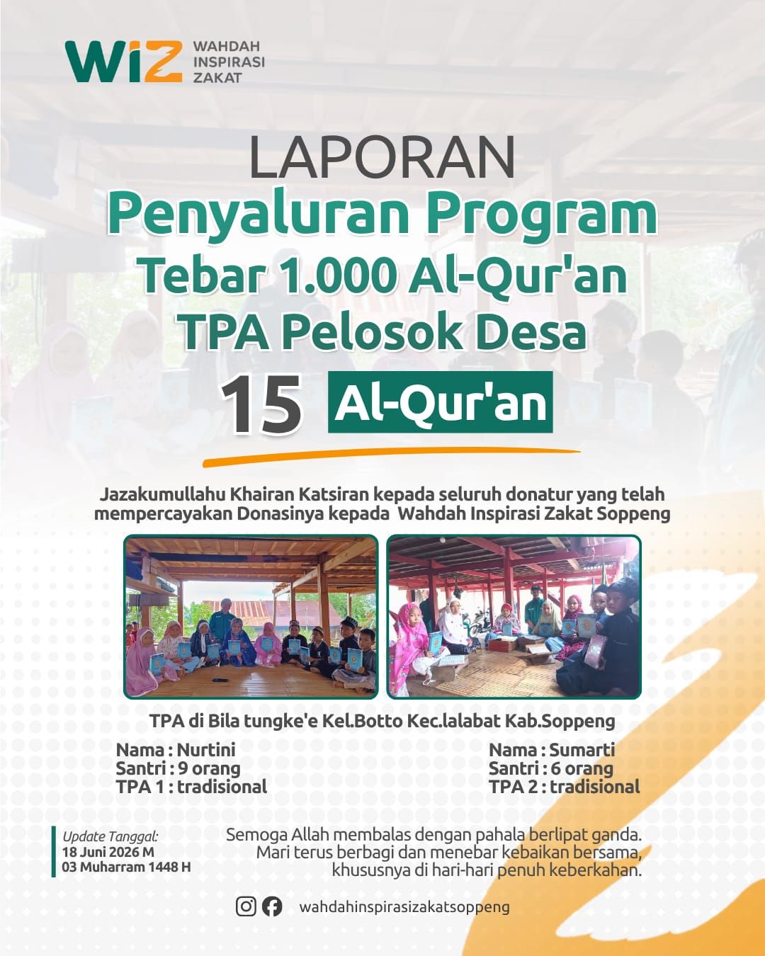 Penyaluran Tebar 1.000 Al-Qur'an untuk santri TPA di Soppeng